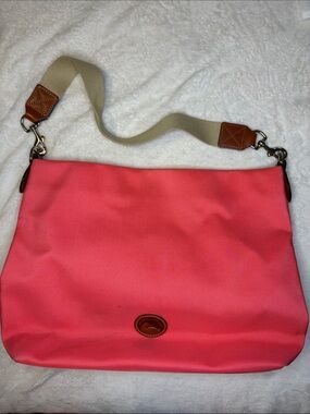 Dooney & Bourke Coral Pink Canvas Shoulder Bag with Tan Leather Trim